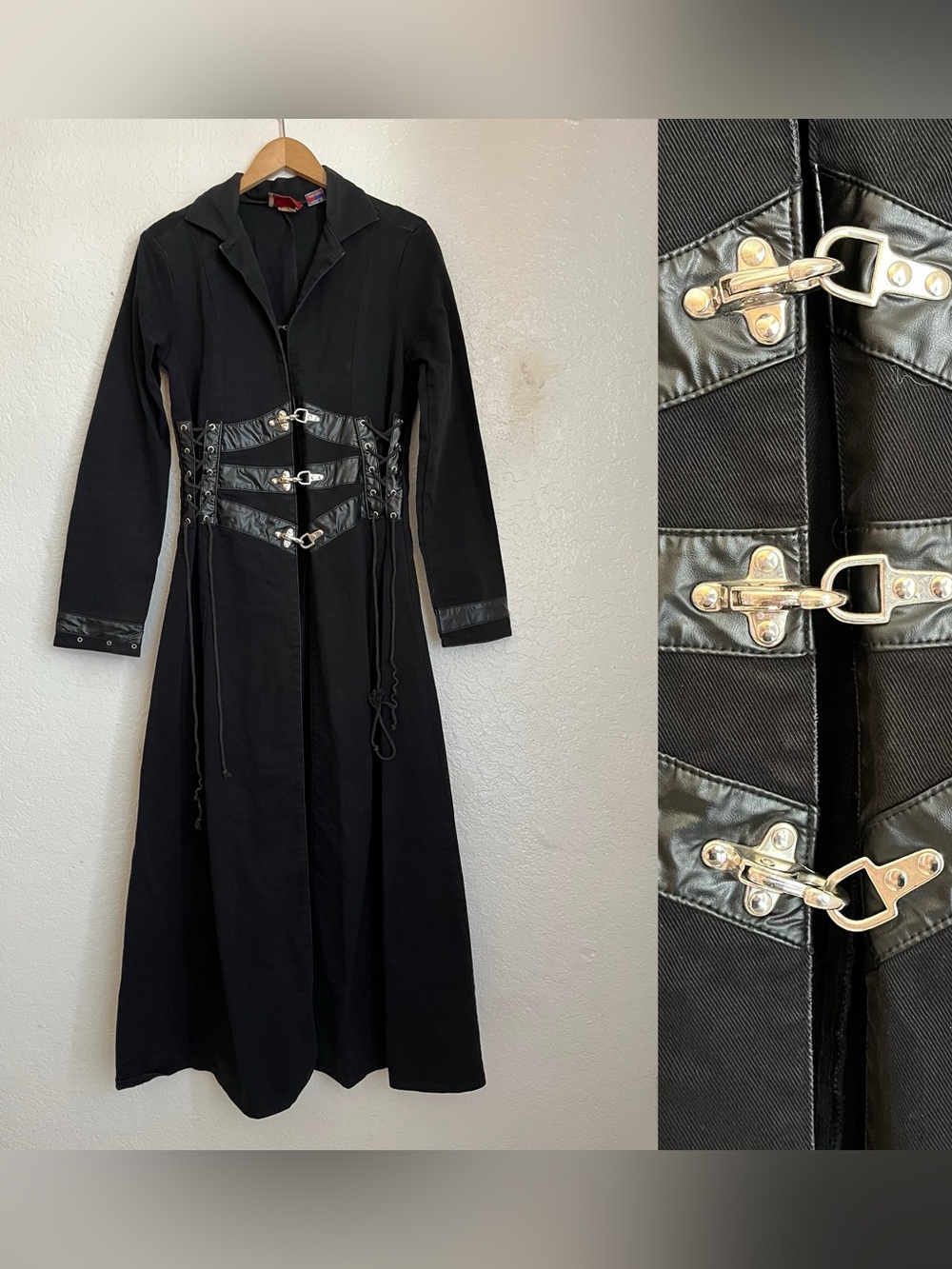 Red Balls On Fire Coat Small Black Long Trench Goth Vampire Steampunk Vtg 90s S